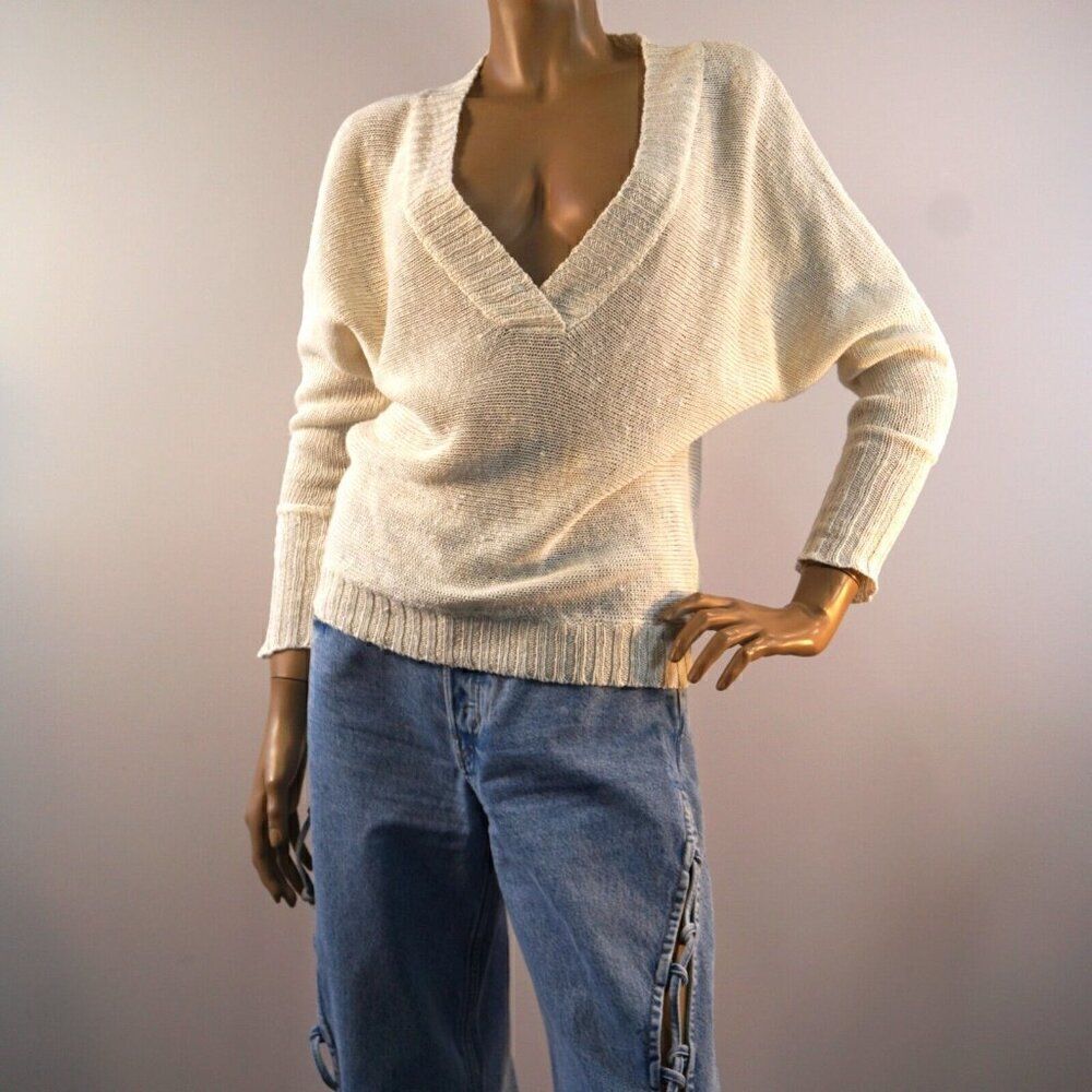 Boston Proper Fisherman Sweater Oversized XS Cream Knit Drop Shoulder V Neck